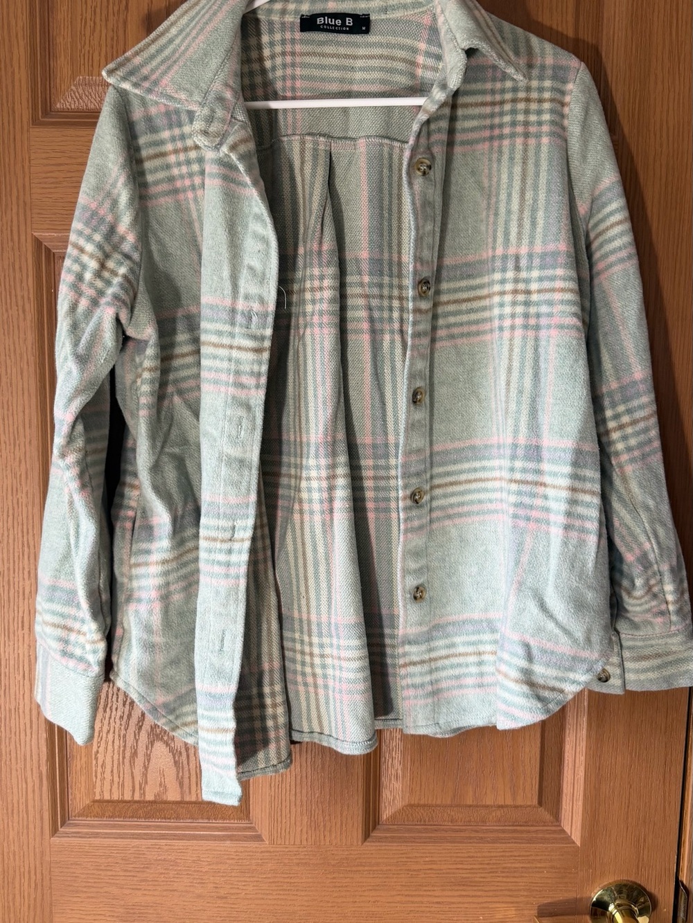 Blue B Plaid Button-Down Shirt in Mint and Pink